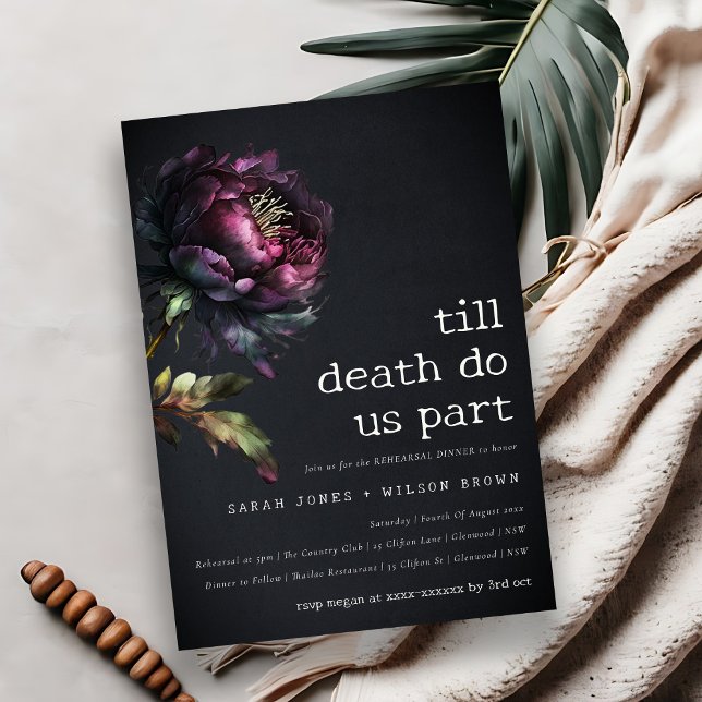 Invitación Moody Gothic Purple Black Peony Ensayo Cena (Subido por el creador)