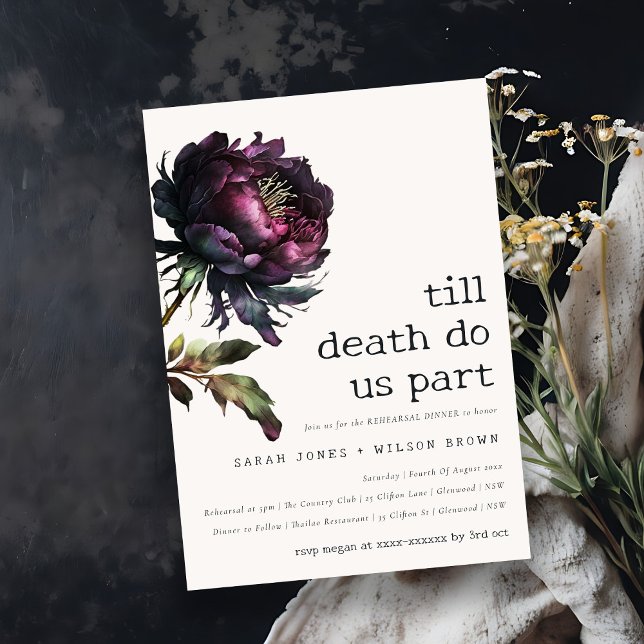 Invitación Moody Gothic Purple Black Peony Ensayo Cena (Subido por el creador)
