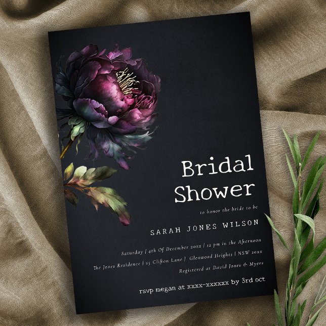 Invitación Moody Gothic Purple Black Peony Shower (Subido por el creador)