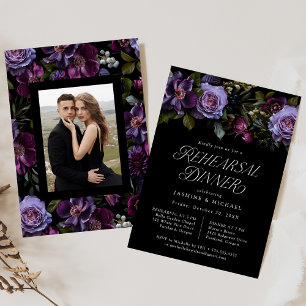 Invitación Moody Gothic Purple Floral de foto ensayo Cena