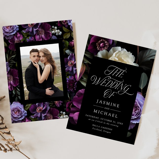 Invitación Moody Gothic Purple Floral Photo Boda (Subido por el creador)