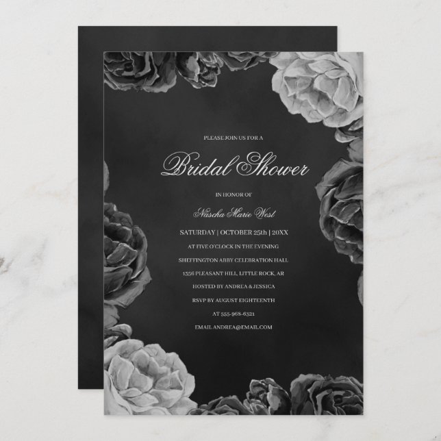 Invitación Moody gótico Monocromo Floral Flora Gótica Ducha B (Anverso / Reverso)