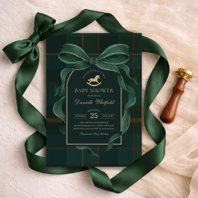 Invitación Moody Green Bow Equestrian Tartan Polo Baby Shower (Subido por el creador)