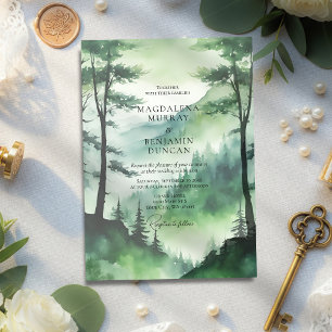 Invitación Moody Green Mountain Pine Tree Fir Forest Boda