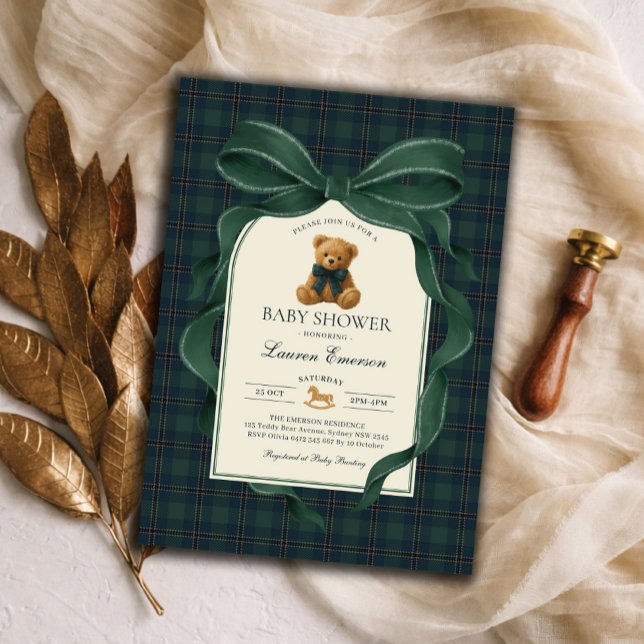 Invitación Moody Green Plaid Polo Teddy Bear Boy Baby Shower (Subido por el creador)