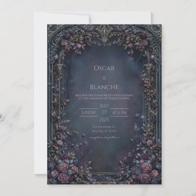 Invitación Moody Indigo Gothic Rose Archway Wedding (Anverso)