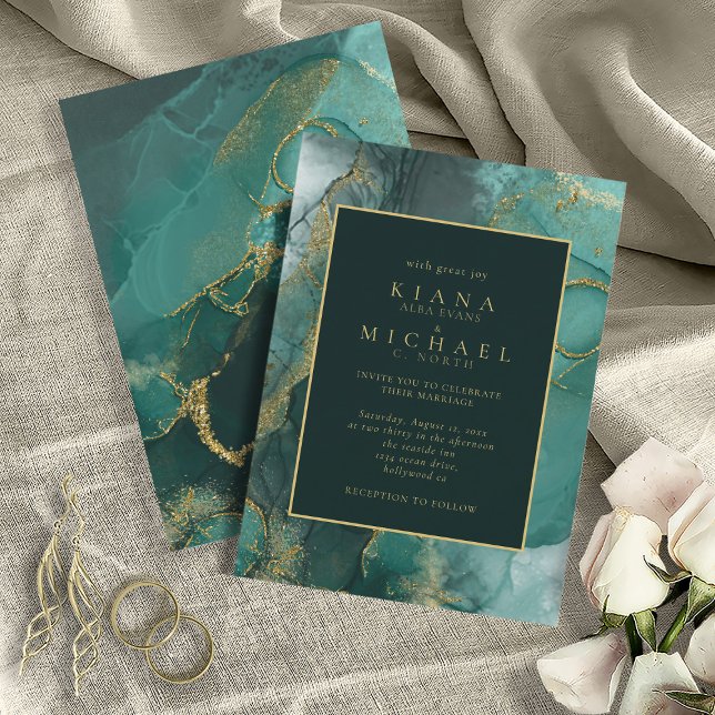 Invitación Moody Ink Emerald Gold Abstract ID988 (Front and back )