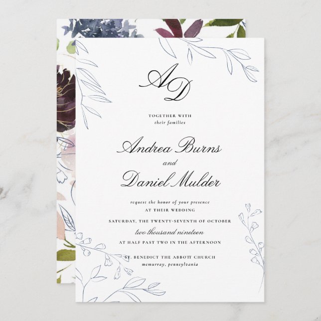 Invitación Moody Jewel Tone Boda Floral (Anverso / Reverso)