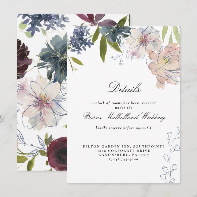 Invitación Moody Jewel Tone Boda Floral Información para el h (Anverso / Reverso)