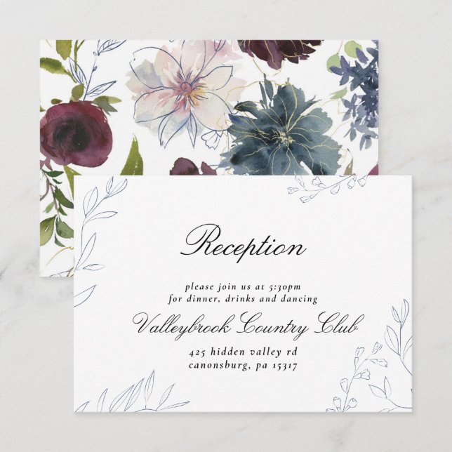 Invitación Moody Jewel Tone Floral Wedding Recepción (Anverso / Reverso)