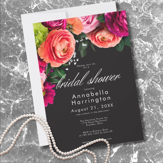 Invitación Moody Luxe Floral Vibrant Pink Black Bridal Shower (Moody Luxe Floral Vibrant Pink Black Bridal Shower Invitation)