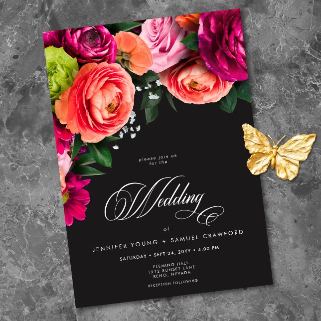 Invitación Moody Luxe Floral Vibrant Pink Black Wedding (Moody Luxe Floral Vibrant Pink Black Wedding Invitation)