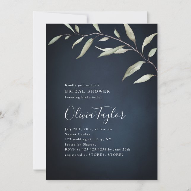 Invitación Moody marina mínimo de vegetación ducha de novia (Anverso)