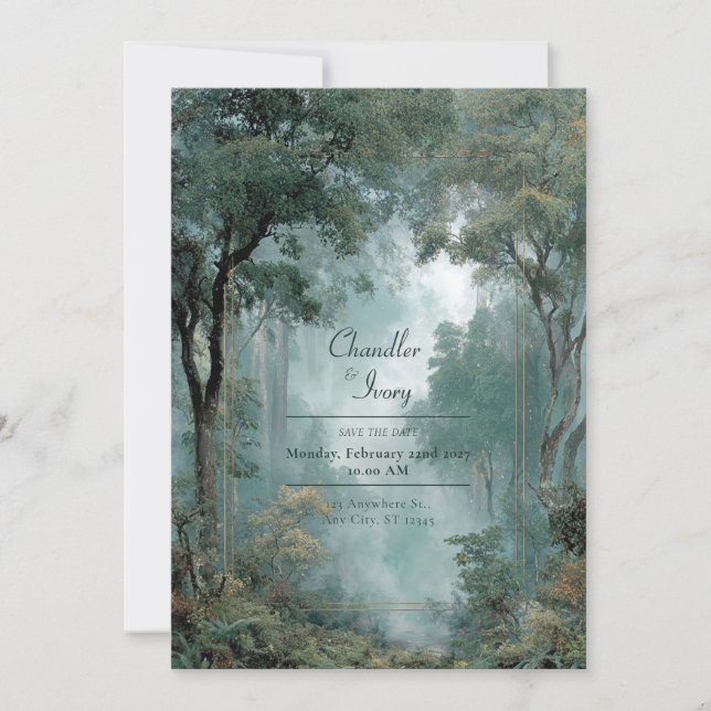 Invitación Moody Misty Forest Gold Frame Boda (Anverso)