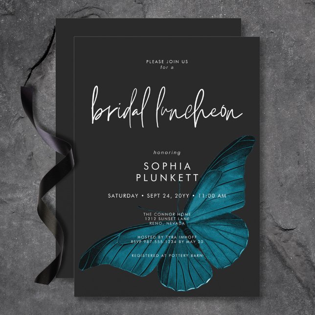 Invitación Moody Moody Mínimo Verde azulado Moth Bridal Lunch (Dark Moody Minimal Teal Moth Bridal Luncheon Invitation)