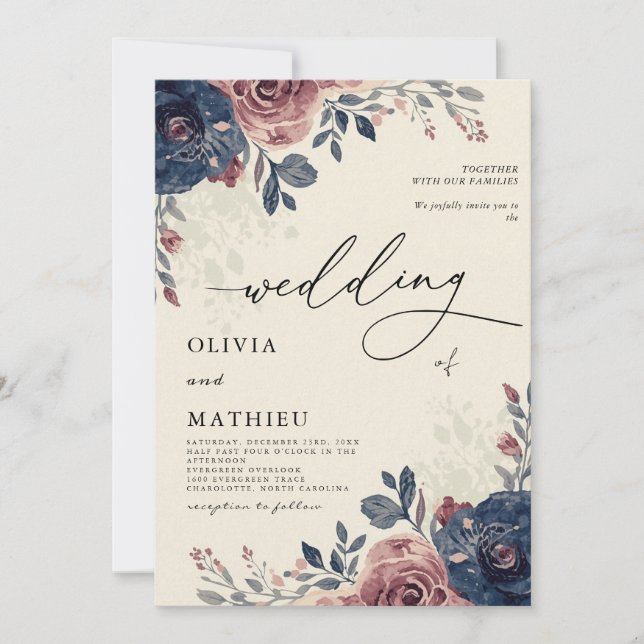 Invitación Moody Navy Rosa  Boda Floral (Anverso)