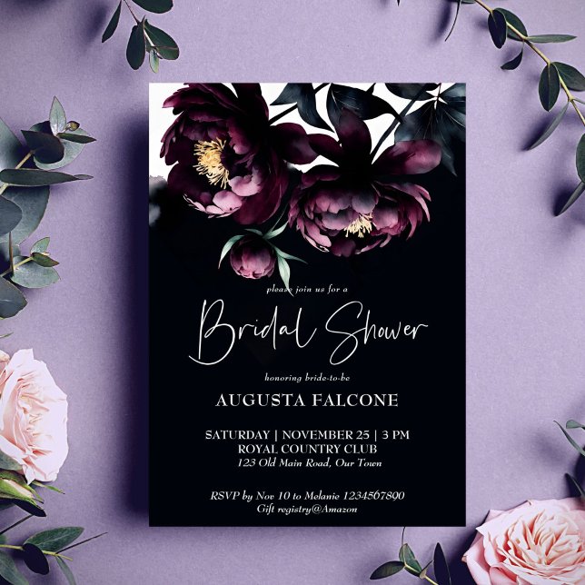 Invitación Moody noir oscuro elegante modelo de ducha de novi (Dark moody noir elegant bridal shower editable template invitation digital download burgundy peonies)