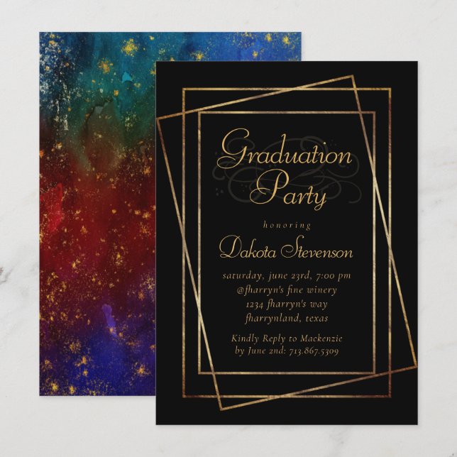 Invitación Moody Ombre | Fiesta Blue Jewel Tone Gold Star Gra (Anverso / Reverso)