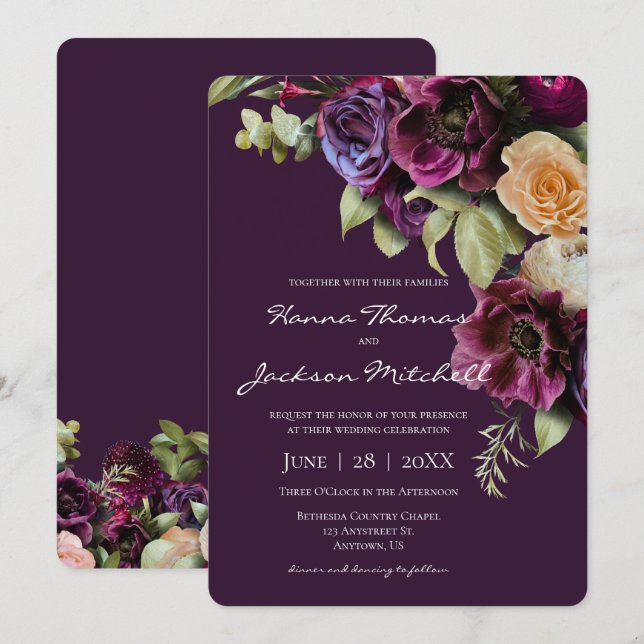 Invitación Moody oscuro morado Boda floral elegante (Anverso / Reverso)