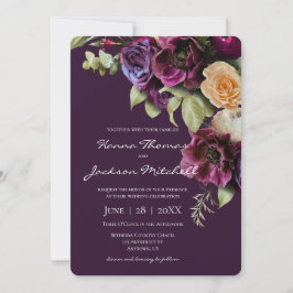 Invitación Moody oscuro morado Boda floral elegante