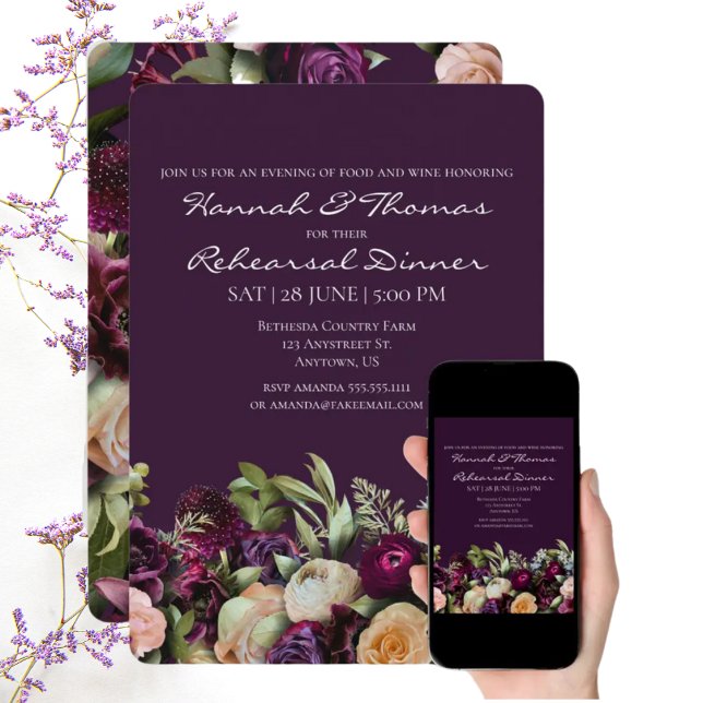 Invitación Moody oscuro morado Elegante Ensayo Floral Cena (Subido por el creador)