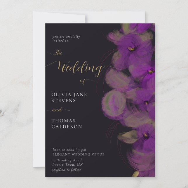 Invitación Moody Oscuro Morado Moderno Orquídeas Wreath Boda (Anverso)