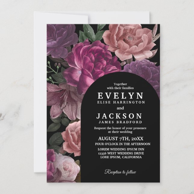 Invitación Moody oscuro Watercolor Boda negro floral (Anverso)