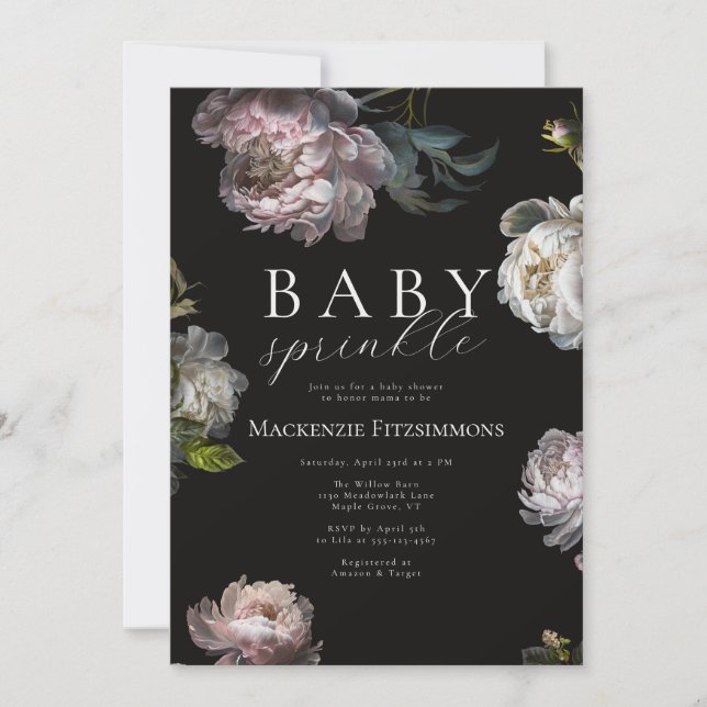 Invitación Moody Peony Dark Floral Baby Sprinkle (Anverso)