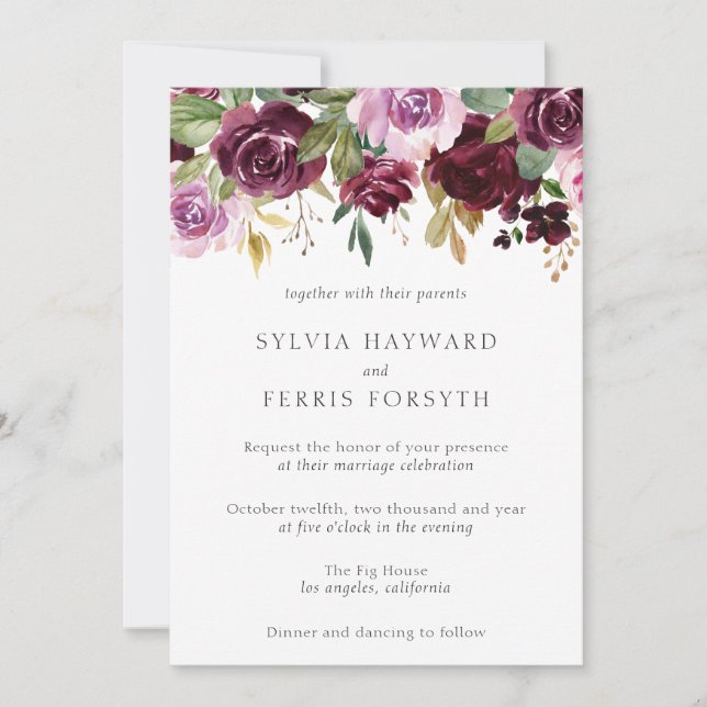Invitación Moody Plum Floral Boda (Anverso)