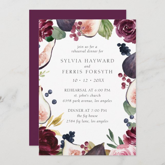 Invitación Moody Plum Floral y Fig Ensayo Cena (Anverso / Reverso)