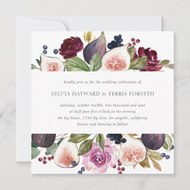 Invitación Moody Plum Floral y Fig Square Boda (Anverso)