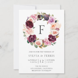 Invitación Moody Plum Floral y Fig Wreath Monograma Boda