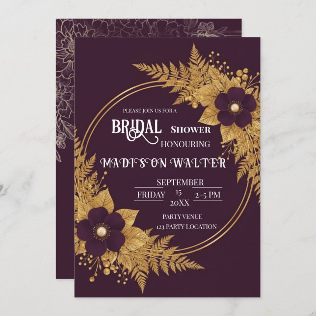 Invitación Moody Plum & Gold Botanical Bridal Shower Invite (Anverso / Reverso)