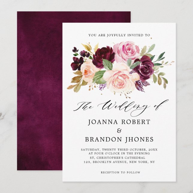 Invitación Moody Plum Purple Rubor Rosa Boda Floral Rosa (Anverso / Reverso)