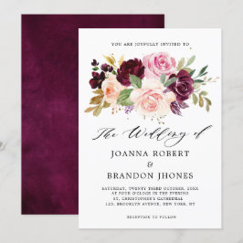Invitación Moody Plum Purple Rubor Rosa Boda Floral Rosa