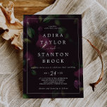 Invitación Moody Purple Blogs | Boda de patrón negro<br><div class="desc">Esta morada morada morada flor negro invitación a la boda es perfecta para un boda moderno. El elegante diseño floral presenta flores de tulipán morado de ciruela oscura con hojas verde esmeralda.</div>