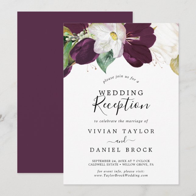 Invitación Moody Purple Blooms Wedding Recepción (Anverso / Reverso)