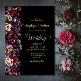 Invitación Moody Purple Burgundy Black Floral Boda