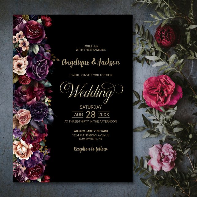 Invitación Moody Purple Burgundy Black Floral Boda (Subido por el creador)
