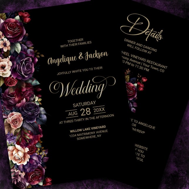 Invitación Moody Purple Burgundy Todo En Un Boda Floral (Subido por el creador)