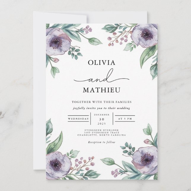 Invitación Moody Purple Floral Boda Botánico (Anverso)