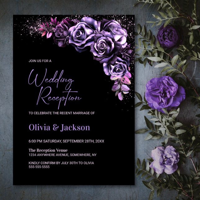 Invitación Moody Purple Floral Wedding Recepción (Subido por el creador)