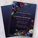 Invitación Moody Purple Flowers 18th Birthday Party<br><div class="desc">Las flores púrpuras profundas con brotes de blanco y azul crean una pálida paleta de invierno. Están enclavadas en follaje verde oscuro y negro. El fondo de la acuarela azul oscuro le da un ambiente gótico y enmarca las flores perfectamente. También hace que el texto blanco aparezca. Esta invitación de...</div>