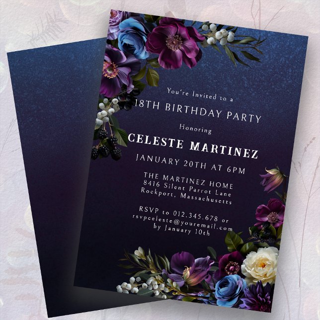 Invitación Moody Purple Flowers 18th Birthday Party (Subido por el creador)