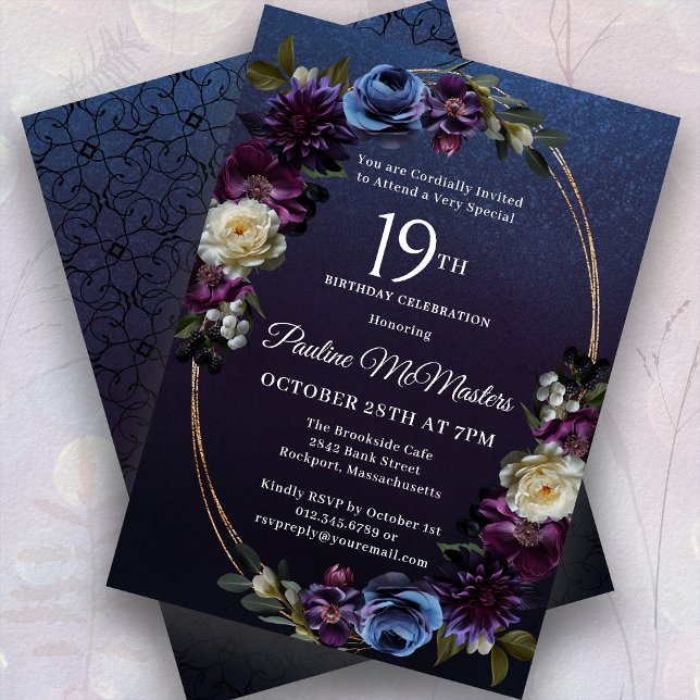 Invitación Moody Purple Flowers 19th Birthday Party (Subido por el creador)