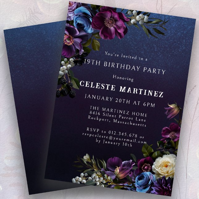 Invitación Moody Purple Flowers 19th Birthday Party (Subido por el creador)