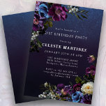 Invitación Moody Purple Flowers 21ª Fiesta de cumpleaños<br><div class="desc">Las flores púrpuras profundas con brotes de blanco y azul crean una pálida paleta de invierno. Están enclavadas en follaje verde oscuro y negro. El fondo de la acuarela azul oscuro le da un ambiente gótico y enmarca las flores perfectamente. También hace que el texto blanco aparezca. Esta invitación de...</div>
