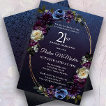 Invitación Moody Purple Flowers 21ª Fiesta de cumpleaños<br><div class="desc">Sofisticados y monótonos rosas morados oscuros y flores silvestres crean un diseño floral de moda. Las copas de blanco y azul añaden un interés visual y una profundidad. Las bayas y la fruta se suman al diseño de la verdura. Juntos, decoran un elegante marco dorado ovalado de varias cadenas. La...</div>