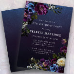 Invitación Moody Purple Flowers 40.º Fiesta de cumpleaños<br><div class="desc">Las flores púrpuras profundas con brotes de blanco y azul crean una pálida paleta de invierno. Están enclavadas en follaje verde oscuro y negro. El fondo de la acuarela azul oscuro le da un ambiente gótico y enmarca las flores perfectamente. También hace que el texto blanco aparezca. Esta invitación de...</div>