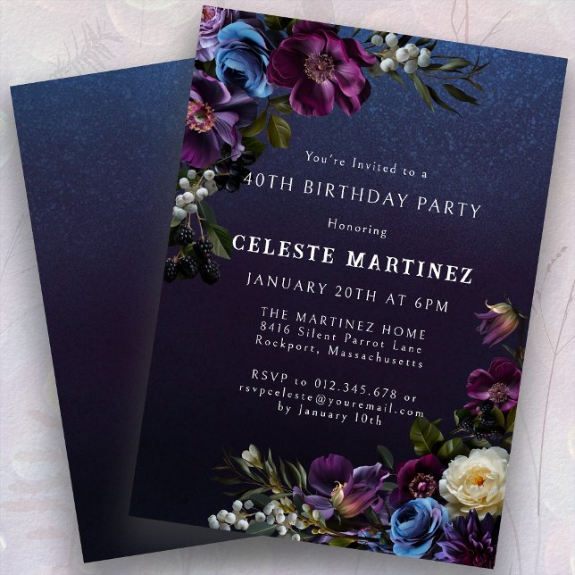 Invitación Moody Purple Flowers 40.º Fiesta de cumpleaños (Subido por el creador)